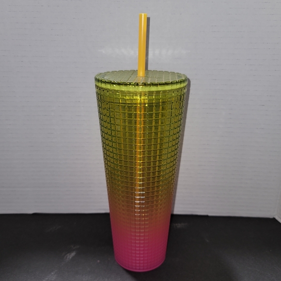 NEW Starbucks 2022 Lemon Yellow Pink Gradient Ombre Grid 24oz Venti Tumbler - Picture 2 of 6